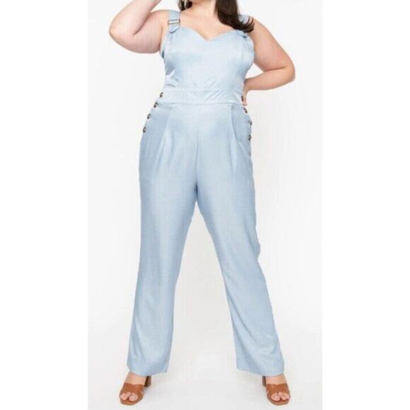 Unique Vintage Chambray Tie Back Overalls Blue Womens 5X 26 - Picture 1 of 6